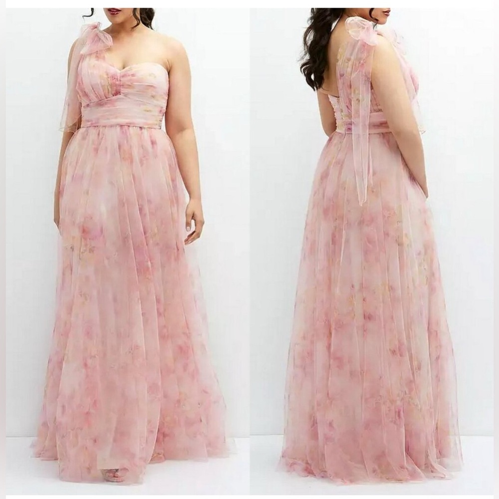 New Dessy FLORAL SCARF TIE ONE SHOULDER TULLE Maxi DRESS Pink Size 16R